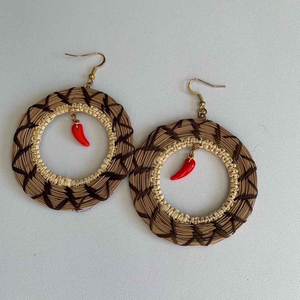 Brown and Red Woven Rattan Earrings